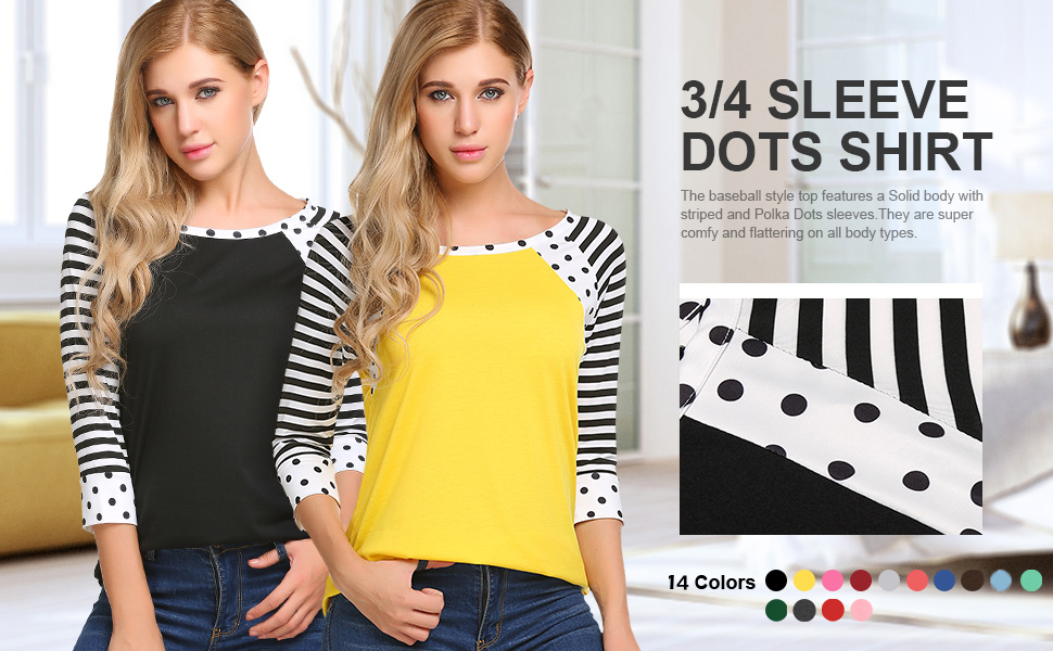 3/4 sleeve tops for women tee shirts baseball tees polka dot shirt