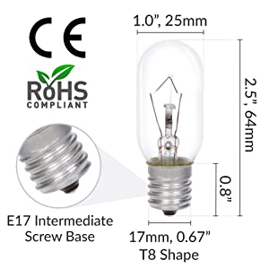 t8 e17 intermediate screw base light bulb dimensions length width diameter ce rohs