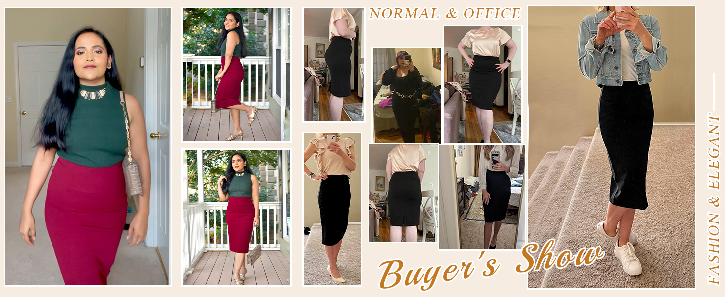 Women&amp;#39;s Office Work Pencil Skirt Stretch High Waist Below Knee Bodycon for Business Casual