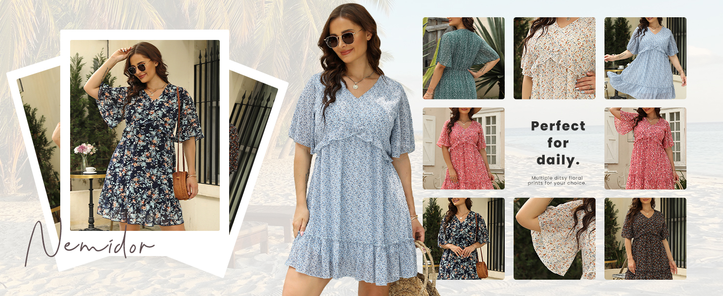 Nemidor Womens Loose Plus Size Summer Ditsy Floral Print Ruffle Mini Flowy Dress