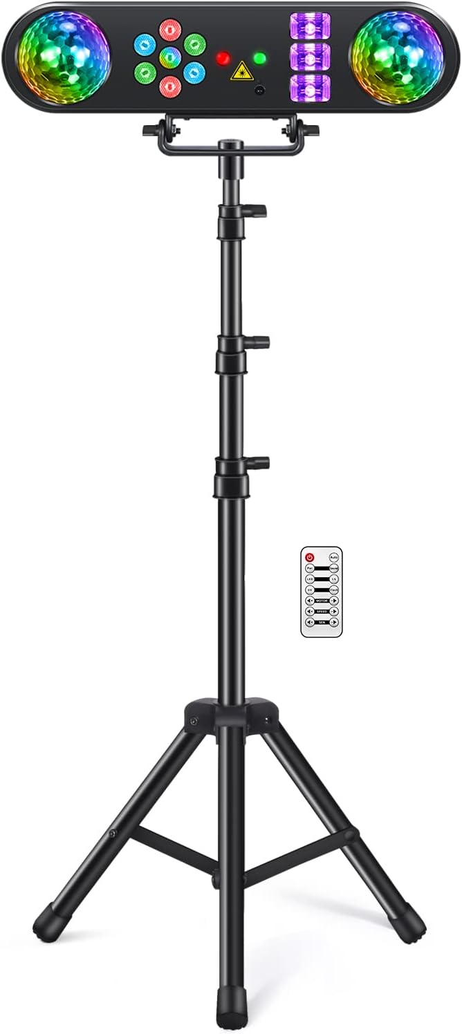 Telbum DJ 燈帶支架,5 合 1 派對酒吧燈套裝,帶旋轉球、閃光燈、紫外線、彩色 LED 帕燈和圖案,適用於迪斯科舞台演出樂隊婚禮的聲控 DJ 照明系統