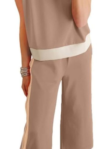 SHEWIN Women's 2 Piece Lounge Sets Casual Short Sleeve Pullover Tops Matching Wide Leg Pants Tracksuit Set