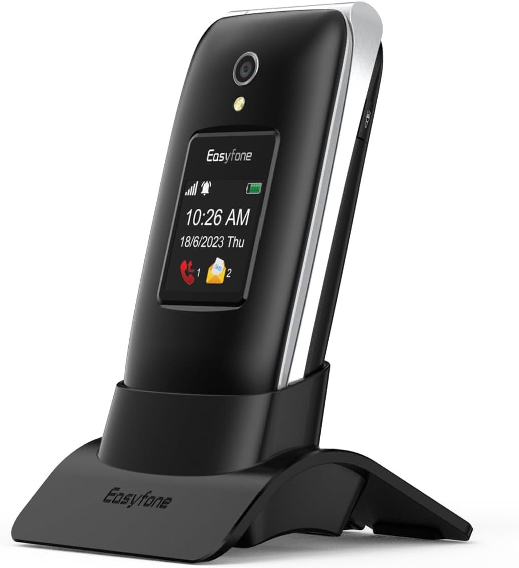 Easyfone Prime-A1 Pro 4G Flip Cell Phone for Seniors | Easy-to-Use | Big Buttons | Clear Sound | SOS & Block Button | Photo Speed Dial | SIM Card Included and Charging Dock (Black)