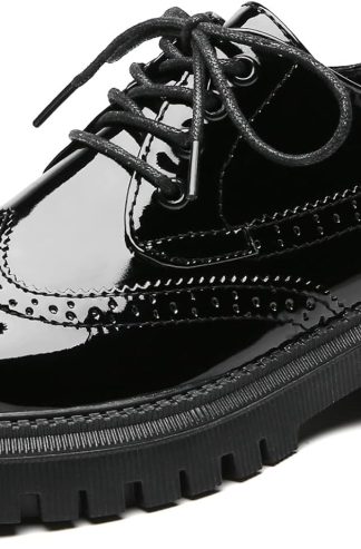 女式複古牛津鞋厚底繫帶圓頭漆皮布洛克鞋休閒牛津鞋女式女式