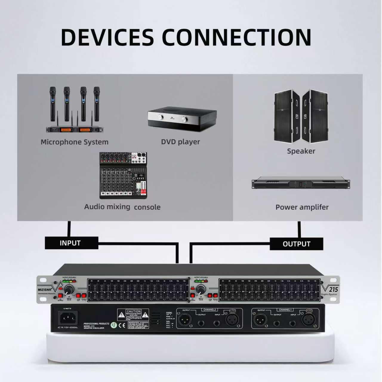 Graphic Equalizer 15-Band Stereo EQ for Home Audio, Dual Channel Professional Silver DJ Equalizer, Noise Reduction 1U Rack Mount (EQ-215S) - Image 8