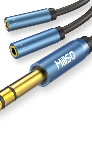 Millso 6.35mm 1/4男性到雙重3.5mm 1/8女耳機適配器,TRS立體聲藍寶石藍色和金色的鍍金音頻分配器,用於放大器,吉他放大器,鍵盤,鍵盤鋼琴,家庭影院,攪拌機-12英寸