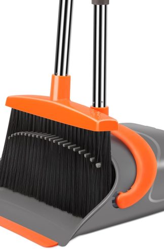 Ivandar 家用掃帚和簸箕套裝、辦公室掃帚和簸箕組合、長柄掃帚和立式簸箕，適用於室內和室外清掃（灰色和橙色）