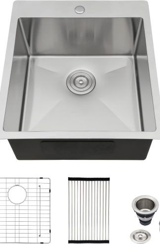 Logmey 18x18 方形嵌入式酒吧水槽手工製作的小廚房水槽 16 號不銹鋼單碗緊湊型房車戶外酒吧準備水槽適用於房車、露台和小廚房，18x18x9 厘米