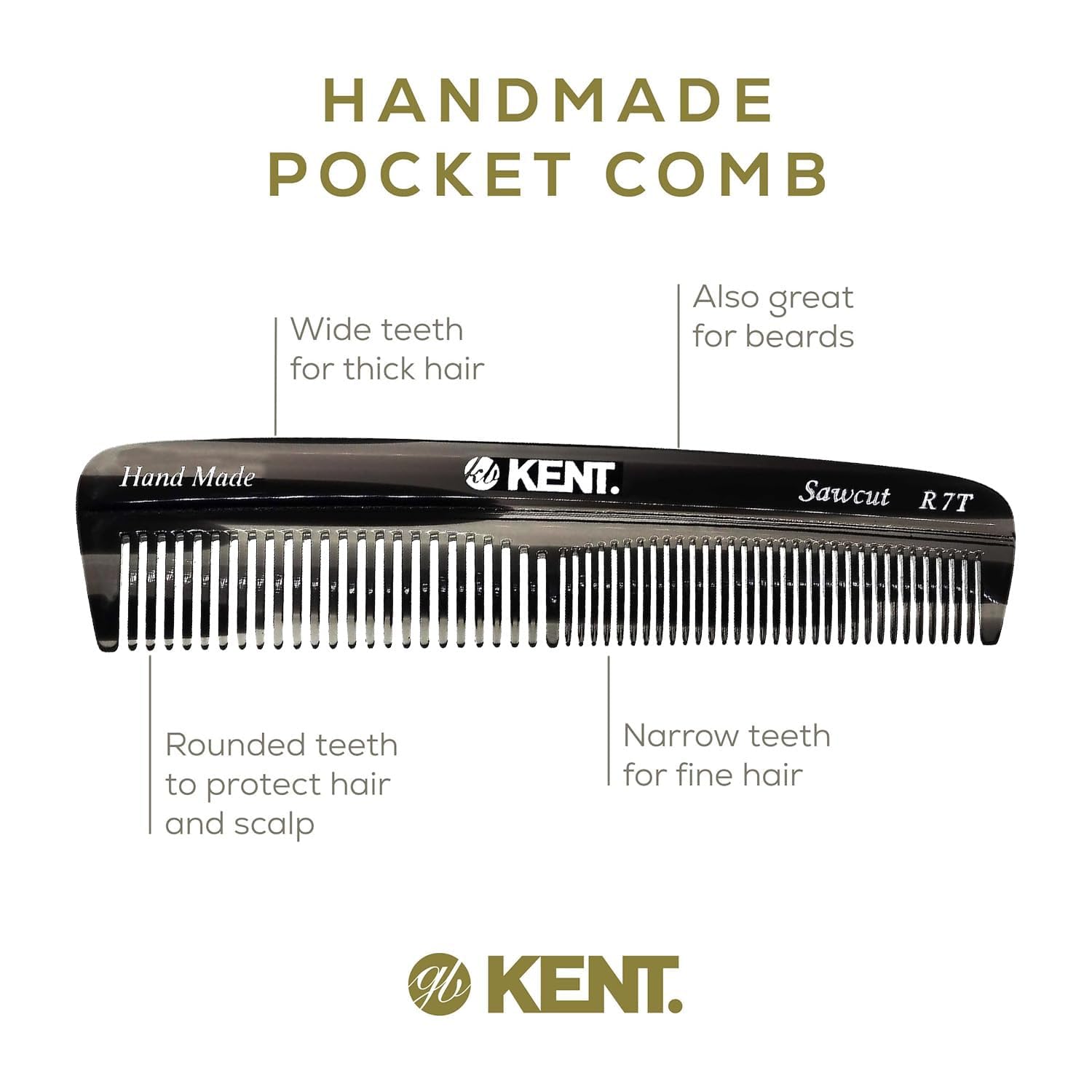 Kent R7T Fine and Wide Tooth Hair Comb, Handmade Pocket Comb for Men, Best Beard and Mustache Comb for Everyday Grooming and Styling, Sawcut, Made in England - Image 5