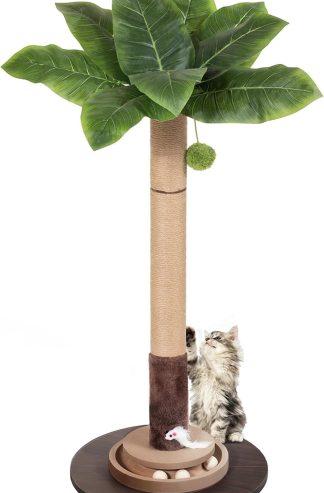 35" Sisal Rope Cat Scratching Post, Palm Leaf Cat Tree with Hanging Ball & Mouse Toy for Kittens & Adult Indoor Cats