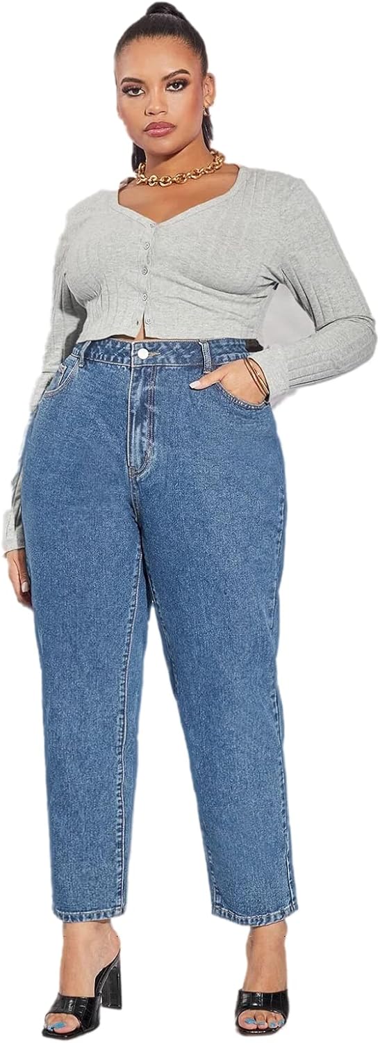 Leijijeans加上碼的女士,牛仔褲直接合身的高彈性牛仔褲高沃斯式淺藍色全長媽媽褲子 - Image 5