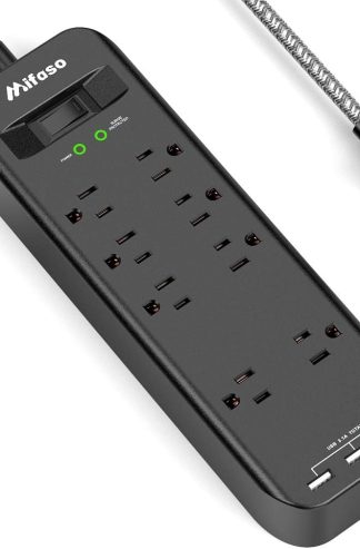 Mifaso 2700Joules 電源板，附 8 個插座、3 個 USB 連接埠、編織延長線、過載保護、UL 認證