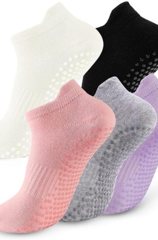 5 雙帶握把女式普拉提襪子防滑瑜伽圓領襪適合 Barre 醫院赤腳鍛煉