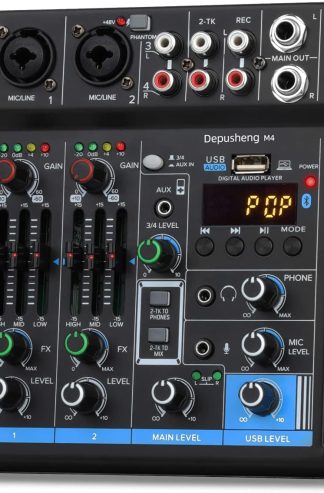 4 通道 USB 接口混音器，DJ 聲音控制器迷你混音器專業數字音頻便攜式混音控制台，帶聲卡和藍牙功能，適用於 PC 錄音 - 德普升 M4，黑色