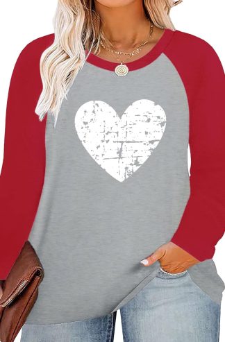 HDLTE女人加大尺寸的頂部長袖愛心T卹