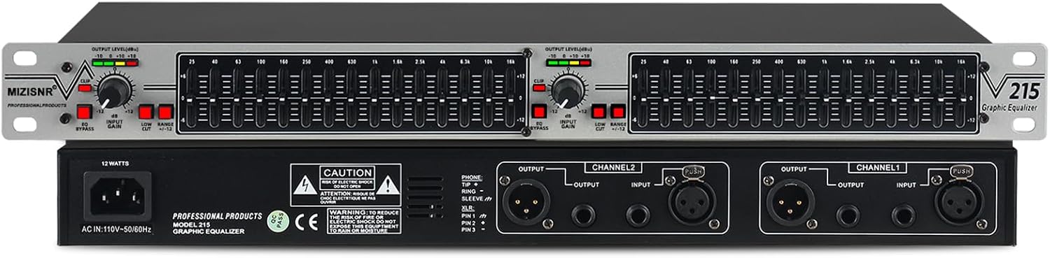 Graphic Equalizer 15-Band Stereo EQ for Home Audio, Dual Channel Professional Silver DJ Equalizer, Noise Reduction 1U Rack Mount (EQ-215S)