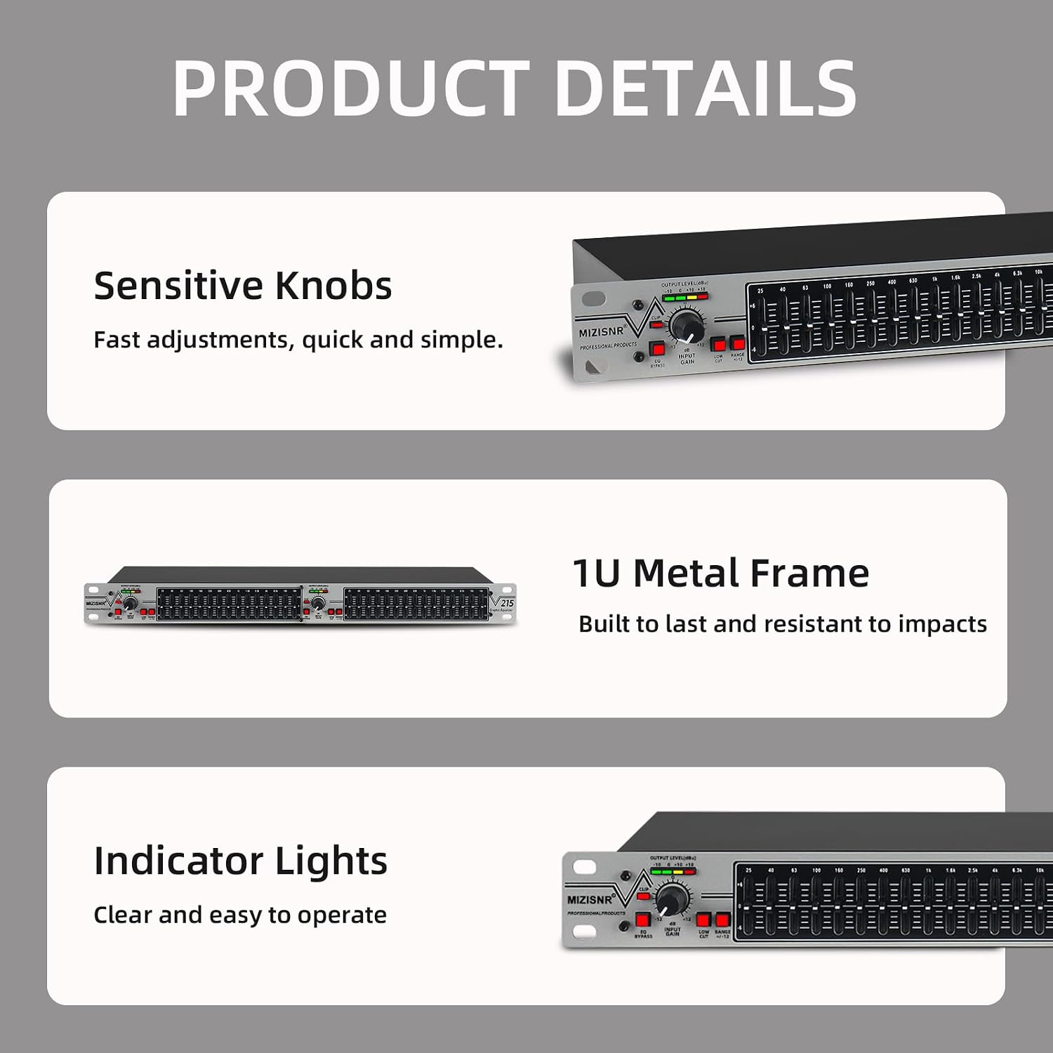 Graphic Equalizer 15-Band Stereo EQ for Home Audio, Dual Channel Professional Silver DJ Equalizer, Noise Reduction 1U Rack Mount (EQ-215S) - Image 4