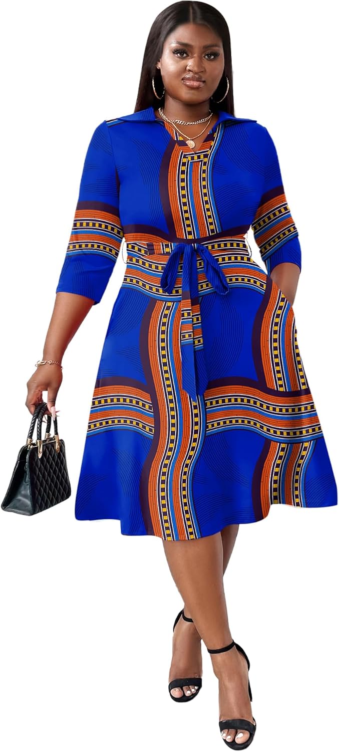 Fandee Plus女士的MIDI禮服 - 婚禮嘉賓雞尾酒會的印刷夏季禮服3/4袖子v neck(XL -5XL) - Image 7