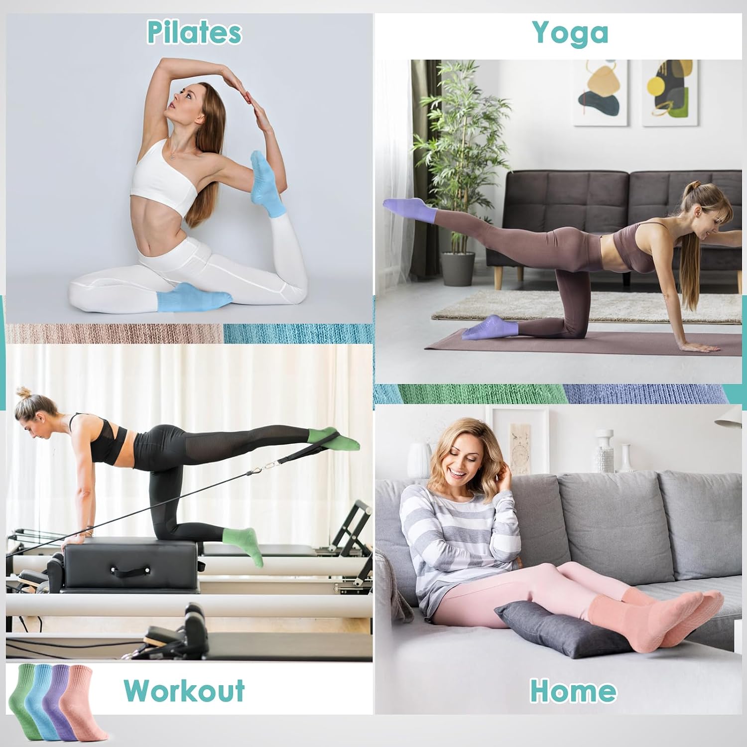 4 Pairs Pilates Socks with Grips for Women, Barre Yoga Grippy Socks, Womens Non Slip Pilates Crew Sticky Socks - Image 2