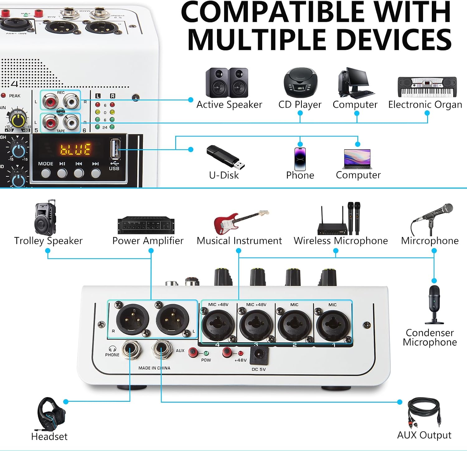 音訊混音器 6 通道 DJ 混音器,專業音板控制台,帶 USB MP3 藍牙輸入 48V,適用於現場表演家庭舞台卡拉 OK - Image 7