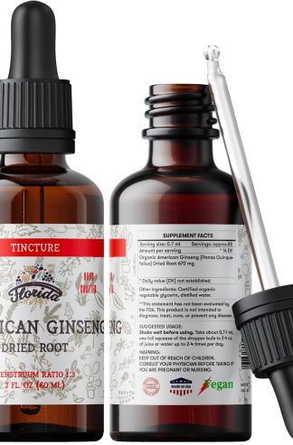 FLORIDA HERBS 花旗參酊提取物，有機花旗參 (Panax Quinquefolius) 幹根補充劑，非轉基因冷壓有機植物甘油 700 毫克，2 盎司（60 毫升）