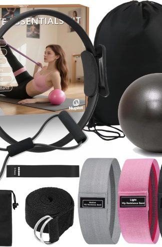 普拉提設備、家庭鍛鍊普拉提套裝、女士普拉提必備套裝、帶普拉提環和球套裝的家用普拉提套裝、戰利品帶、8 字形阻力帶、瑜伽帶