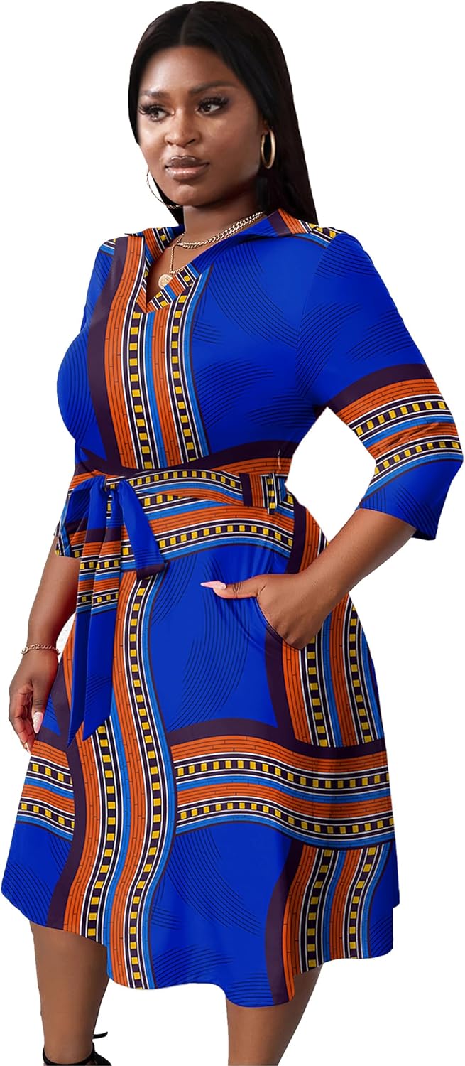 Fandee Plus女士的MIDI禮服 - 婚禮嘉賓雞尾酒會的印刷夏季禮服3/4袖子v neck(XL -5XL) - Image 4