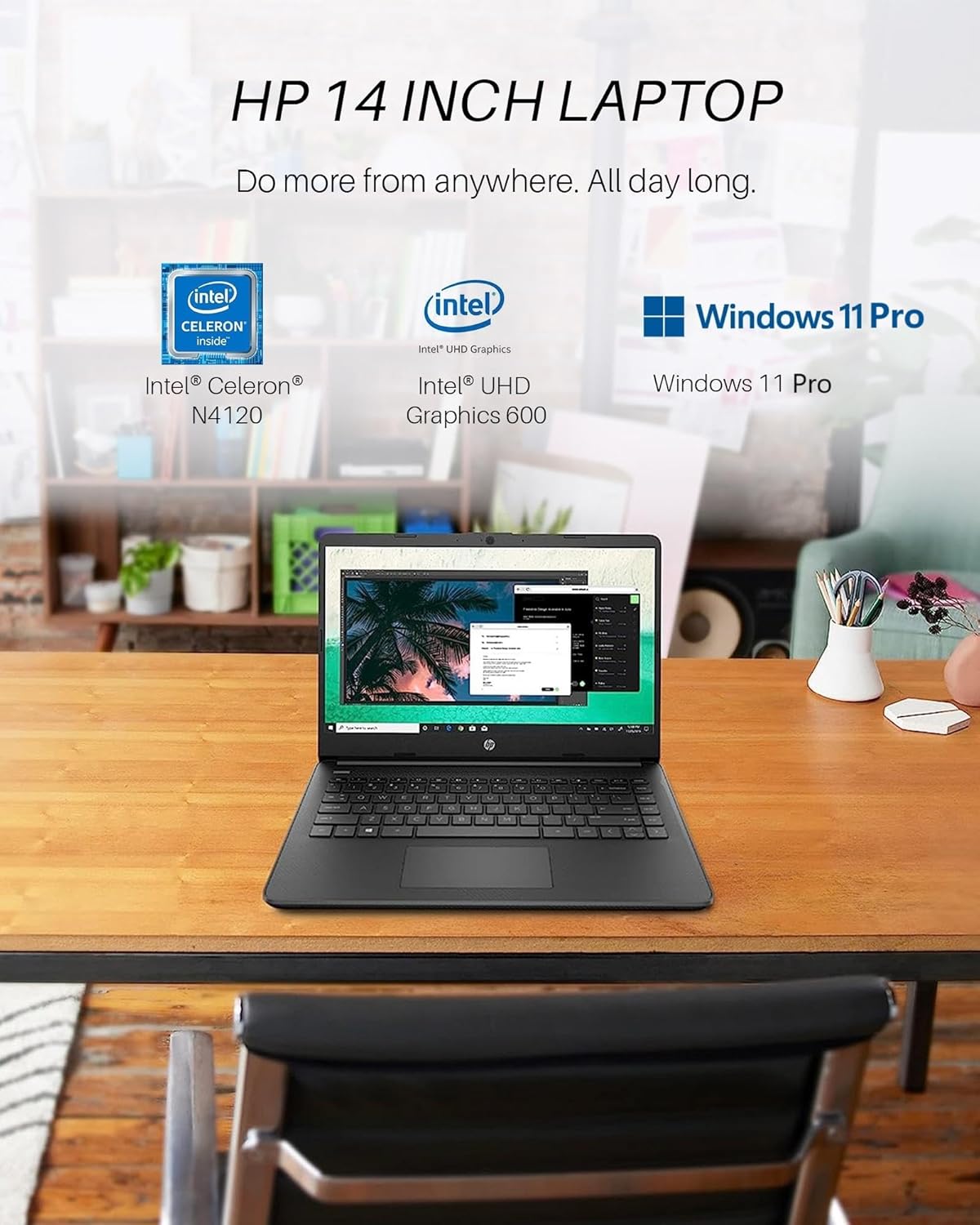 HP筆記本電腦16GB RAM用於學生業務,14英寸高清屏幕,Intel雙核N4120,416GB存儲(128GB EMMC + 256GB MSD + 32GB USB USB C Flash Drive),Windows 11 Pro&Office Pro Lifetime許可證 - Image 2