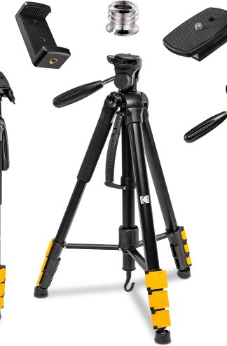 Kodak PhotoGear 2-in-1 Tripod & Monopod | Lightweight 70” 4-Section Flip-Lock Aluminum Stand Converts to 64.5” Monopod | QuickRelease Plates 3-Way Swivel Head Bubble Level Bonus Stand E-Guide & Case