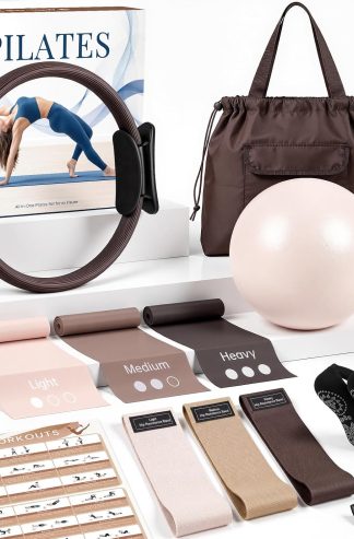 GINMIC Pilates Kit, Pilates Equipment for Home Workouts, at Home Pilates Set with Complete Accessories: Pilates Ring, Pilates Ball, Long and Loop Resistance Bands, Socks, Massage Ball, Guide & Bag