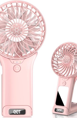 QQT 迷你手持風扇，4 速可調便攜式電池供電風扇，USB 可充電檯扇帶鏡子，最長 20 小時手持風扇適合旅行辦公室戶外女士男士（粉紅色）
