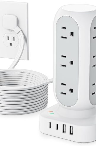 塔式電湧保護器電源板、帶有多個插座的 10 英尺延長線、帶 12 個交流插座和 8 個 USB 連接埠的扁平插頭插座擴展器、適用於家庭辦公室宿舍的 24W 總充電站