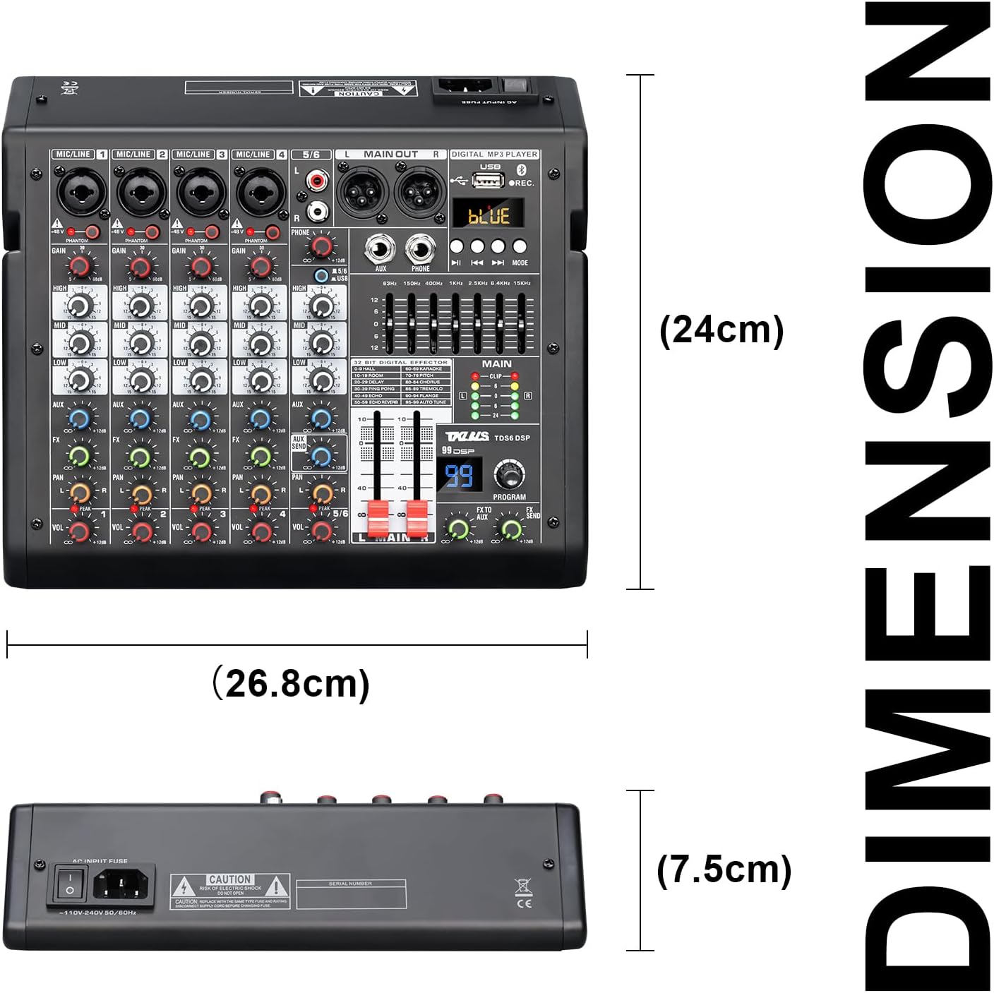 音訊混音器,6 聲道專業 DJ 混音器,帶 99 位元 DSP 效果、7 頻段均衡器、48V 幻象電源、MP3/電腦輸入 - 用於錄音和現場表演的工作室音訊混音控制台 - Image 7