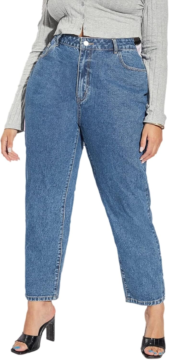 Leijijeans加上碼的女士,牛仔褲直接合身的高彈性牛仔褲高沃斯式淺藍色全長媽媽褲子