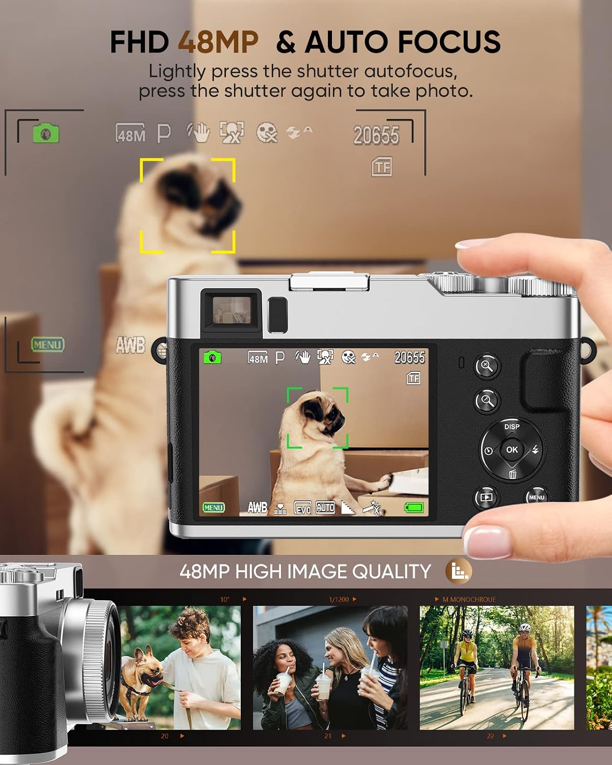 4K 數位相機,自動對焦 48MP YouTube 影片部落格相機和帶取景器閃光燈和轉盤的防手震攝影機,16 倍變焦旅行便攜式數位相機,帶 32GB 卡,2 顆電池(黑色) - Image 2