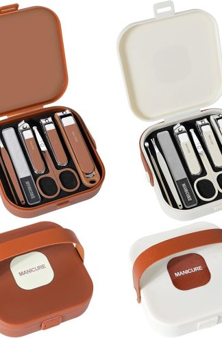 Nail Clippers and Beauty Tool Portable Set, Cuticle Nail Care Tools, 7pcs Stainless Steel Grooming Kit, Suitable for Home, Workplace, Outdoor Travel, Gift Giving, Salon., Beige+Brown