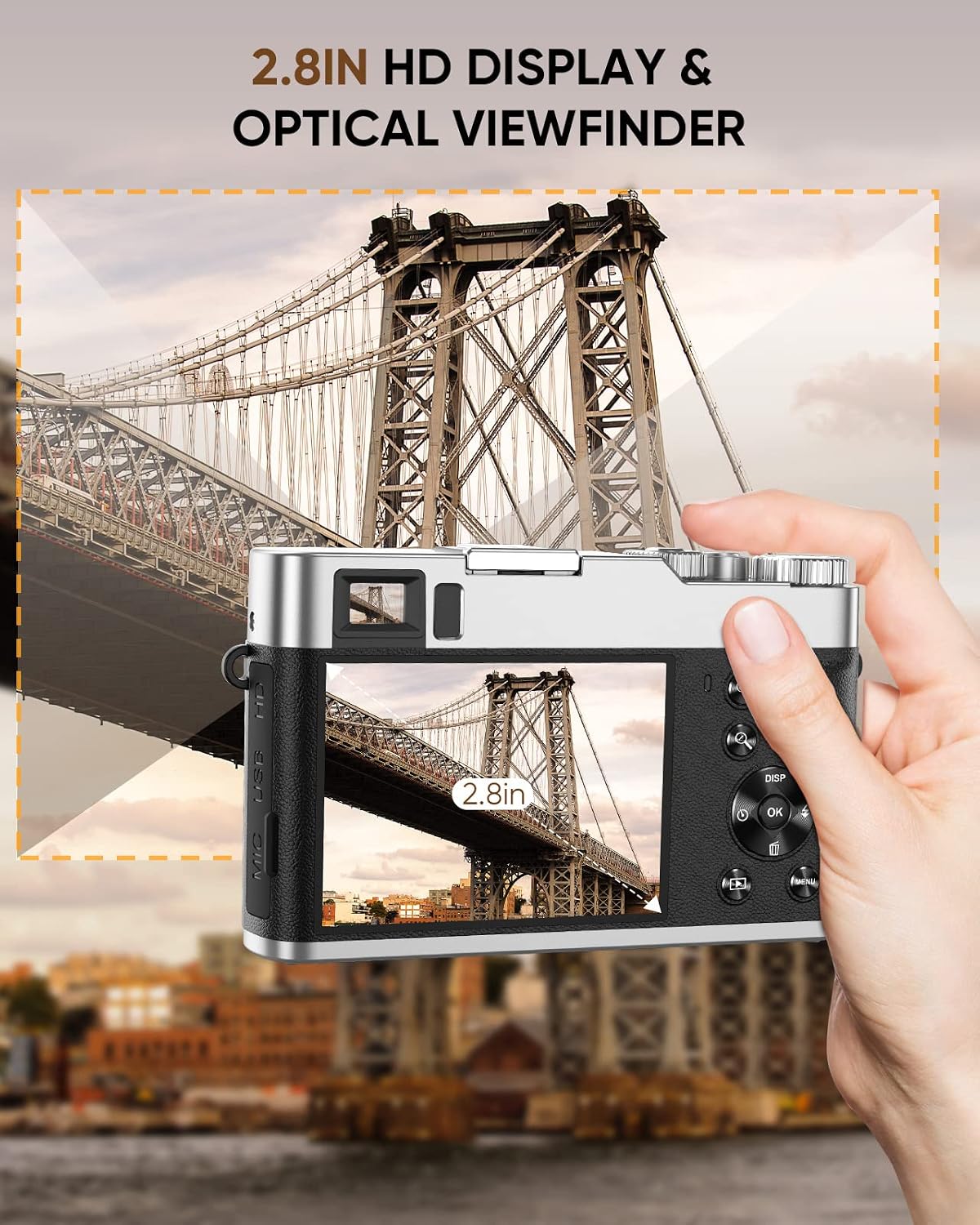 4K 數位相機,自動對焦 48MP YouTube 影片部落格相機和帶取景器閃光燈和轉盤的防手震攝影機,16 倍變焦旅行便攜式數位相機,帶 32GB 卡,2 顆電池(黑色) - Image 7