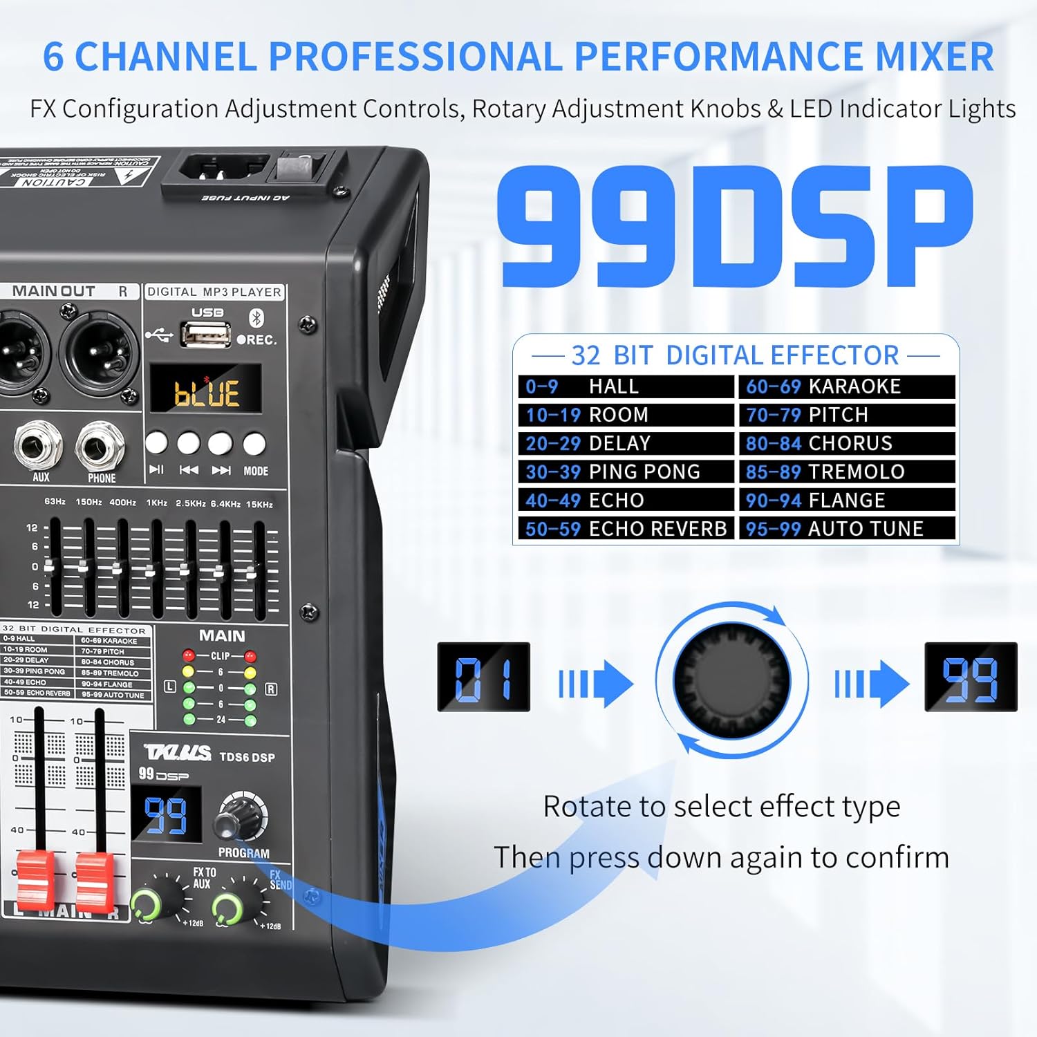 音訊混音器,6 聲道專業 DJ 混音器,帶 99 位元 DSP 效果、7 頻段均衡器、48V 幻象電源、MP3/電腦輸入 - 用於錄音和現場表演的工作室音訊混音控制台 - Image 2