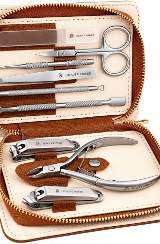 Beauty Power 9 in 1 Professional Manicure Pedicure Set - Stainless Steel Nail Clippers, Nano File, Cuticle Nipper, Scissors, Tweezers, Travel PU Leather Case for Men & Women - Gift Idea - Brown