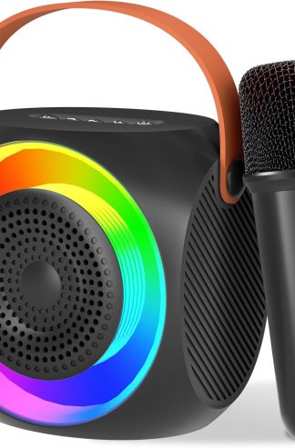 兒童卡拉 OK 機，帶無線麥克風的迷你藍牙卡拉 OK 音箱，帶成人派對燈的擴音系統，適合 4、5、6、7、8、9、10、12 歲以上女孩的生日禮物（黑色）