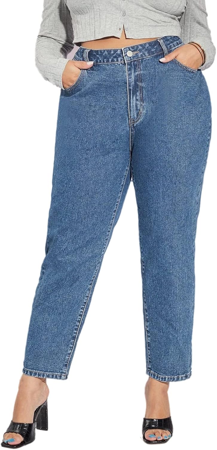 Leijijeans加上碼的女士,牛仔褲直接合身的高彈性牛仔褲高沃斯式淺藍色全長媽媽褲子 - Image 4