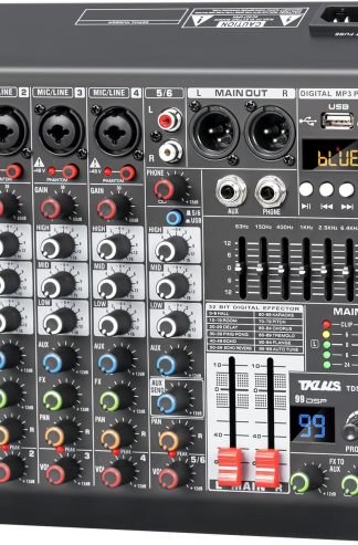 音訊混音器，6 聲道專業 DJ 混音器，帶 99 位元 DSP 效果、7 頻段均衡器、48V 幻象電源、MP3/電腦輸入 - 用於錄音和現場表演的工作室音訊混音控制台