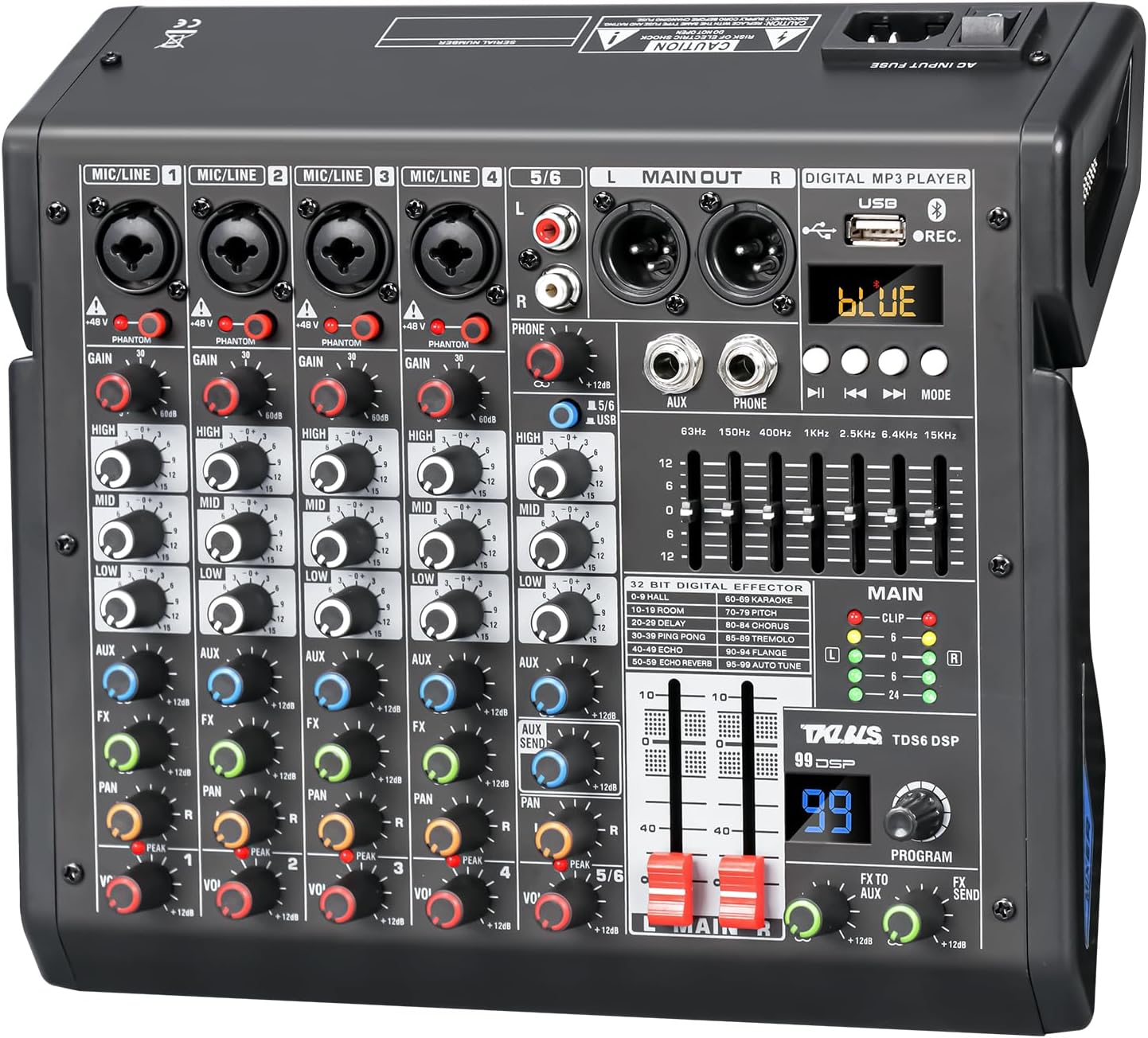 音訊混音器,6 聲道專業 DJ 混音器,帶 99 位元 DSP 效果、7 頻段均衡器、48V 幻象電源、MP3/電腦輸入 - 用於錄音和現場表演的工作室音訊混音控制台