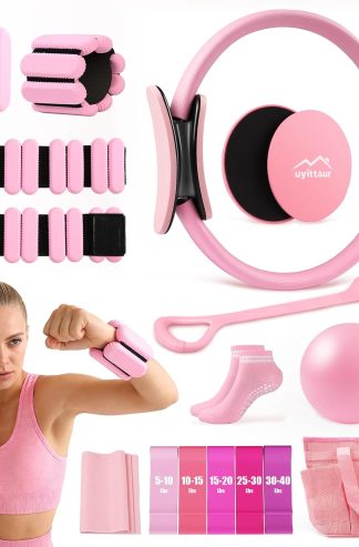 Uyittour 16PCS Pilates Kit, Home Pilates Workout Kit with Ankle Weights, Pilates Ring and Ball Set for Women, Pilates Equipment with Resistance Bands, Core Sliders & Socks for Starter Home Workouts