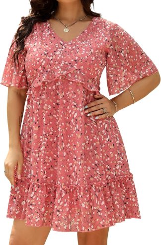 Nemidor Womens Loose Plus Size Summer Ditsy Floral Print Ruffle Mini Flowy Dress NEM314