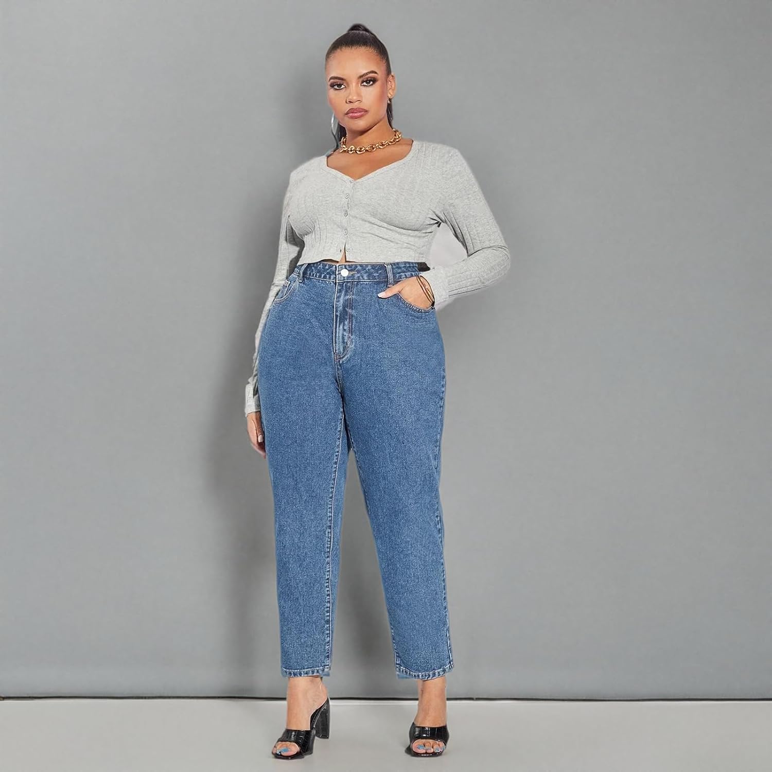 Leijijeans加上碼的女士,牛仔褲直接合身的高彈性牛仔褲高沃斯式淺藍色全長媽媽褲子 - Image 9