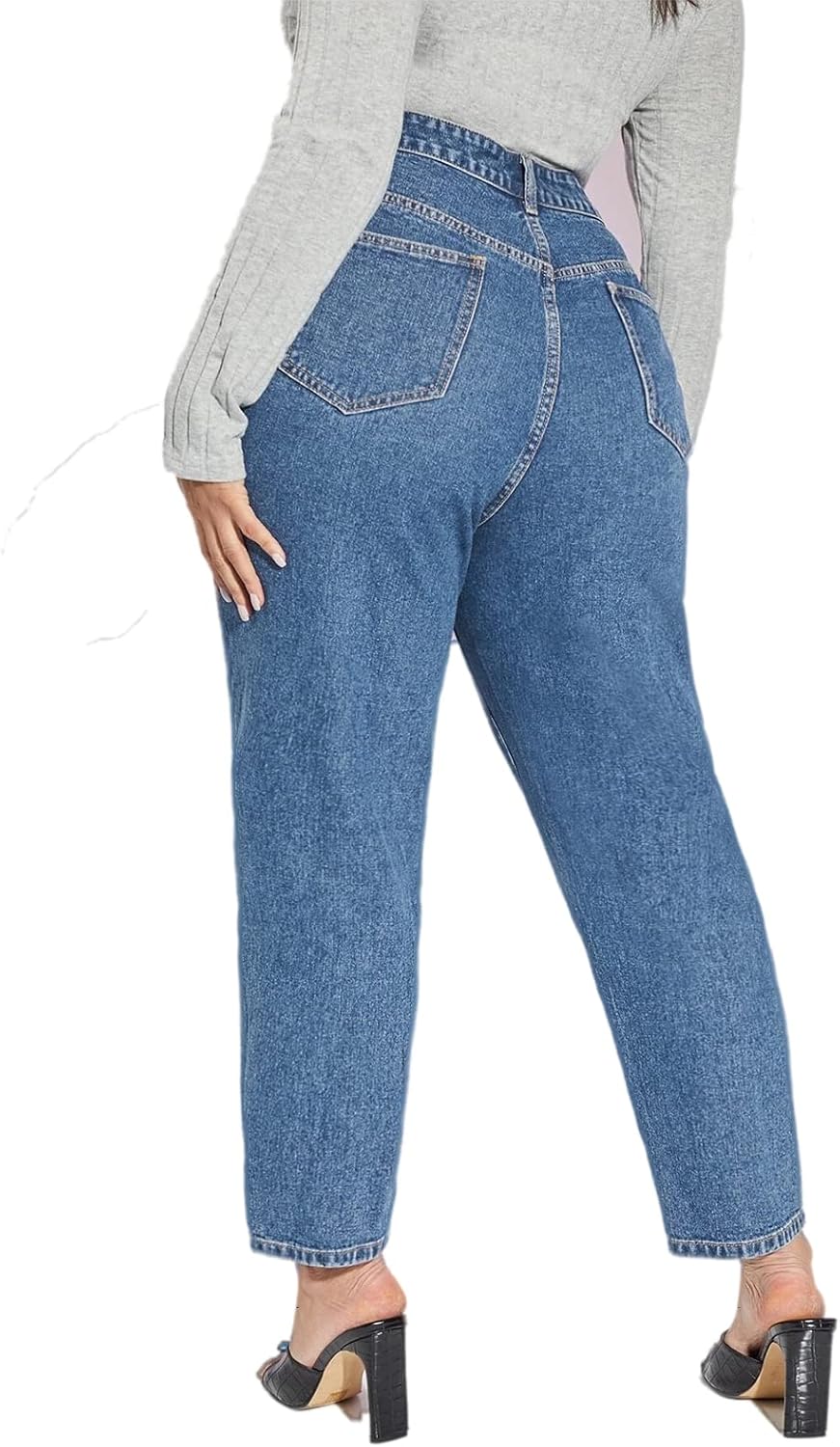 Leijijeans加上碼的女士,牛仔褲直接合身的高彈性牛仔褲高沃斯式淺藍色全長媽媽褲子 - Image 3