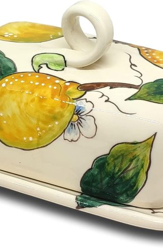 帶蓋意大利陶瓷黃油盤“奶油檸檬”設計 - 8' x 5' 手繪黃油盤 - 托斯卡納意大利製造 - 意大利陶瓷黃油盤 - 家居裝飾。帶蓋陶瓷黃油盤