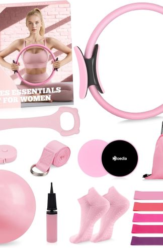 Hoedia 17 件套女士普拉提套裝、普拉提裝備環和球套裝，帶阻力帶、瑜伽帶、核心滑軌、襪子、包和家庭鍛煉入門說明、健身房必需品