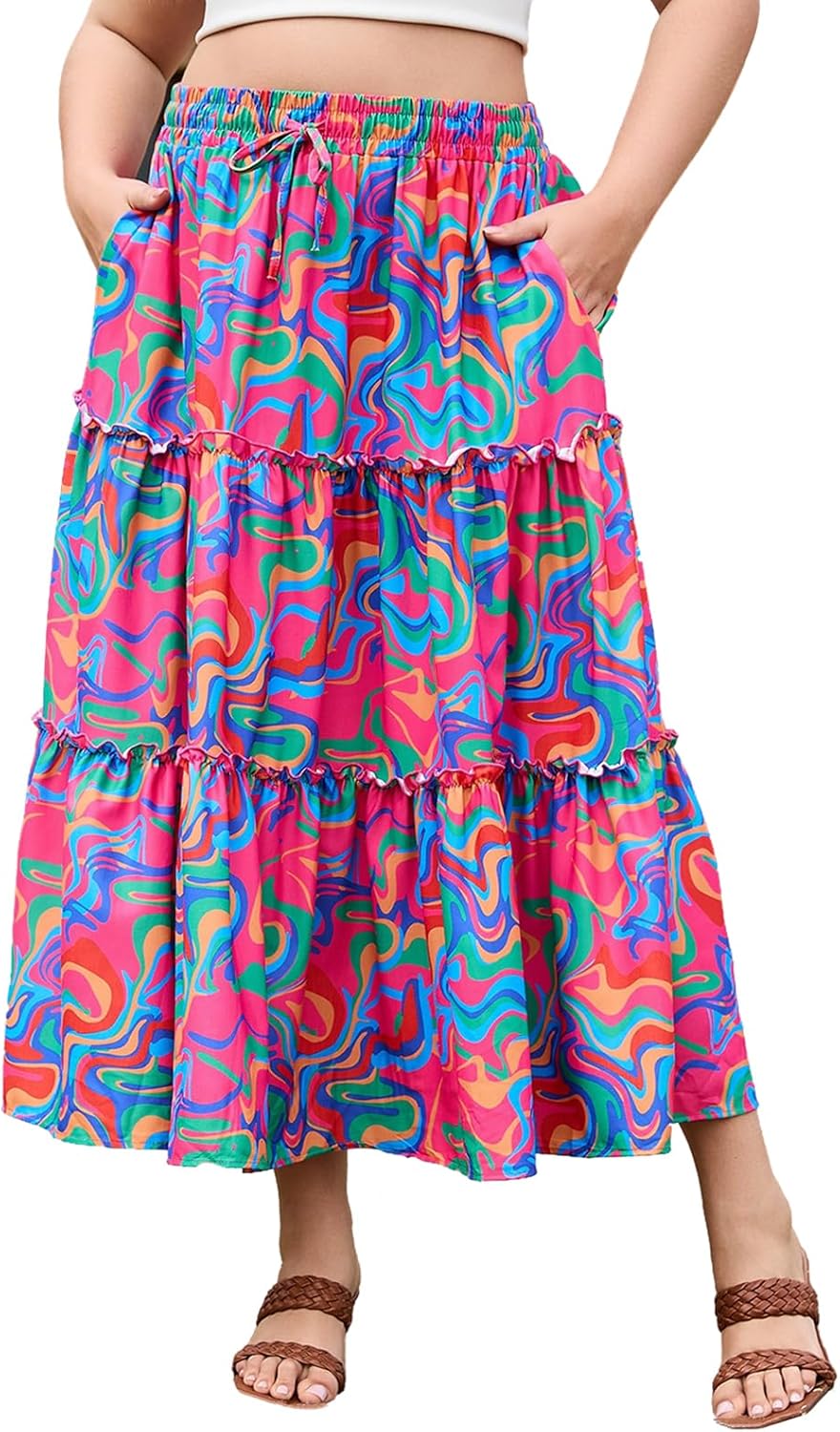 女子加大碼波西米亞語長裙花卉分層長流長長裙,口袋高腰夏季海灘裙